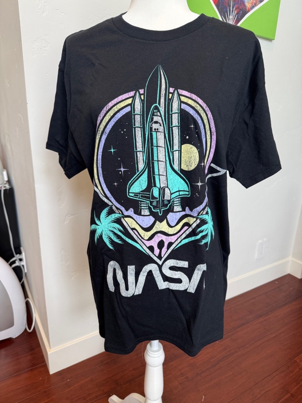 NASA Black Short Sleeve Graphic Tee with Pastel Rocket